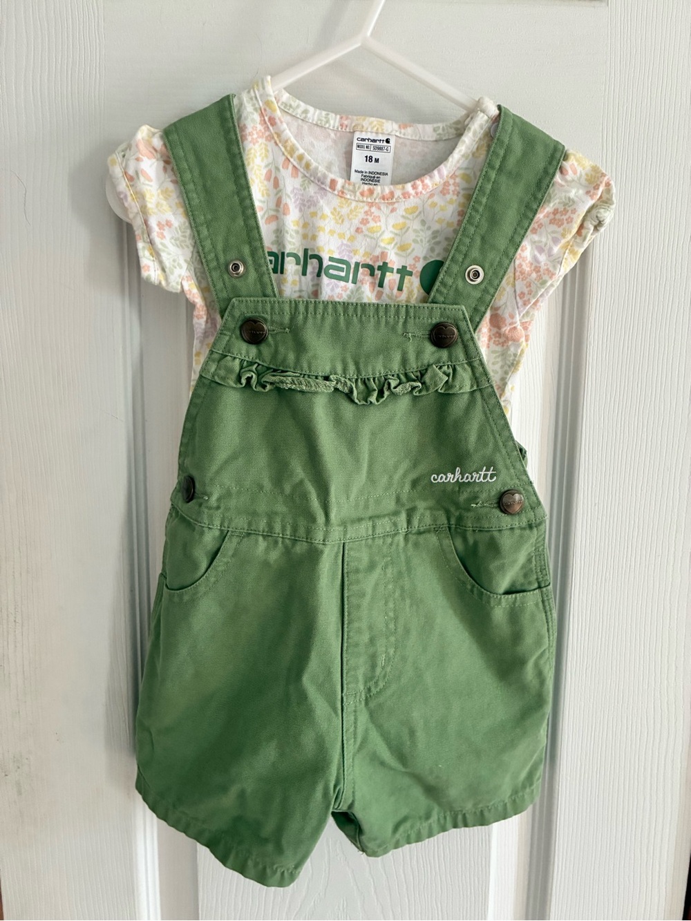 Carhartt Baby Girls' Green Short Overalls with Floral Bodysuit- size 18 months